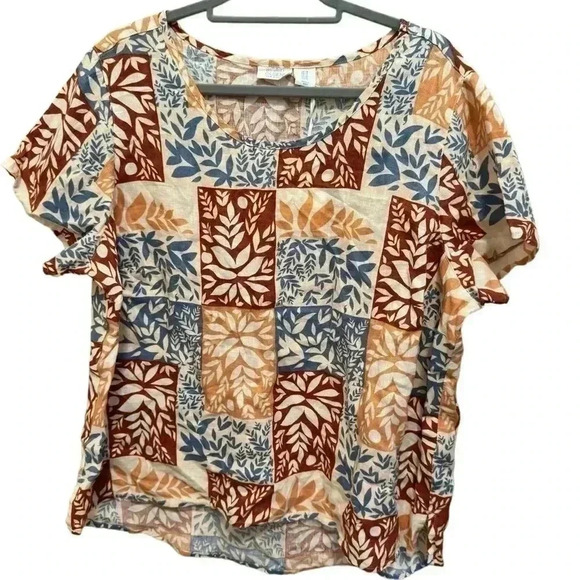 Sigrid Olsen | 100% Linen Multi Patchwork Floral Short Sleeve Tee (1X) - Picture 1 of 5